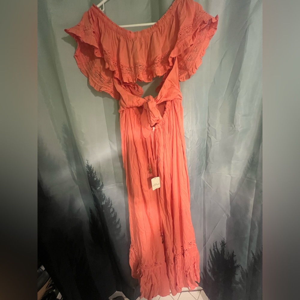 Free People Moonlight Ocean Open Back Ruffle Romantic Off Shoulder Maxi Dress - Picture 7 of 7